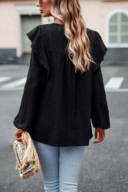 Ruffle Trim Balloon Sleeve Blouse - Trendsi - Flyclothing LLC