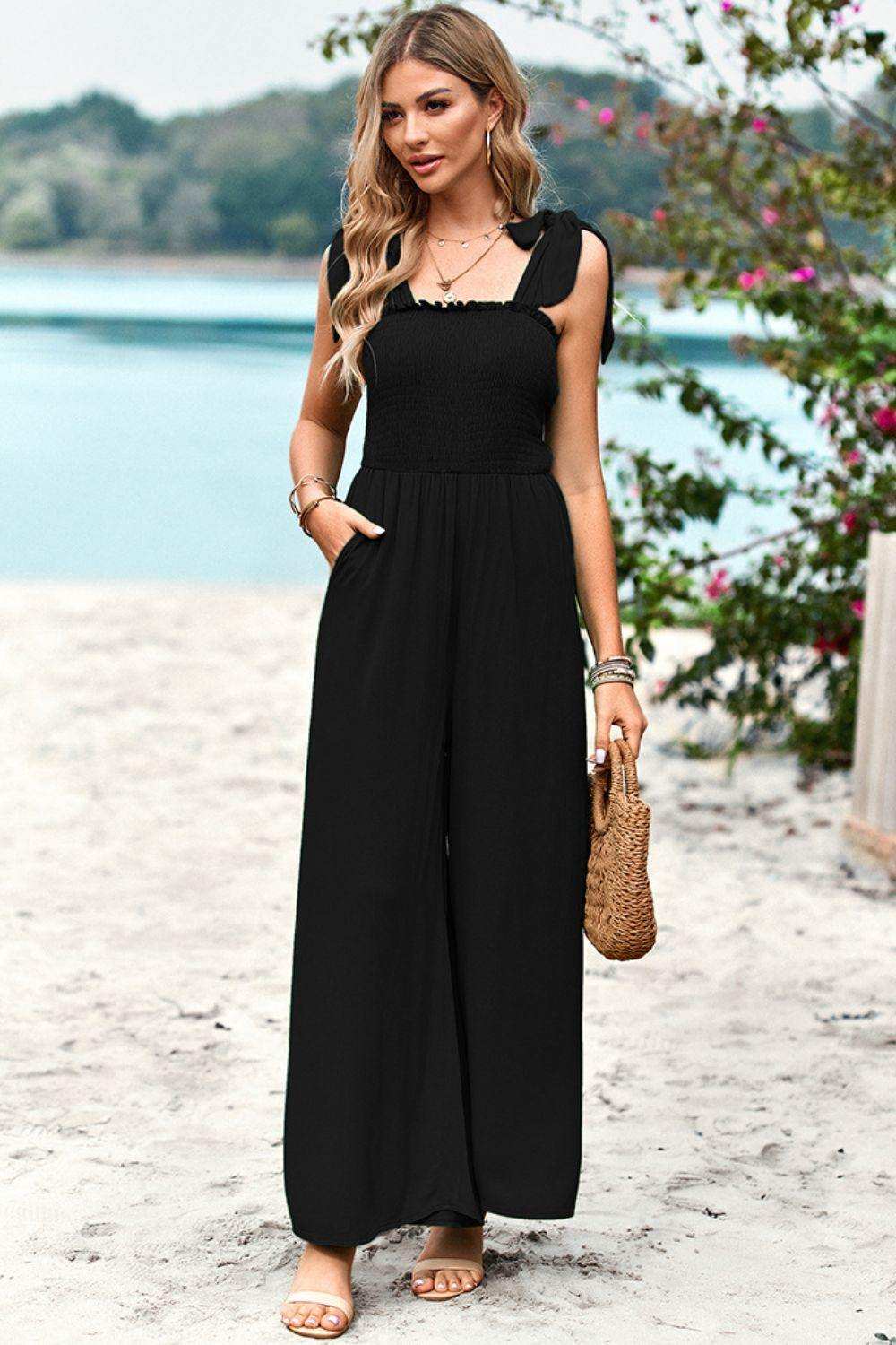 Frill Trim Tie Shoulder Wide Leg Jumpsuit with Pockets - Trendsi - Flyclothing LLC