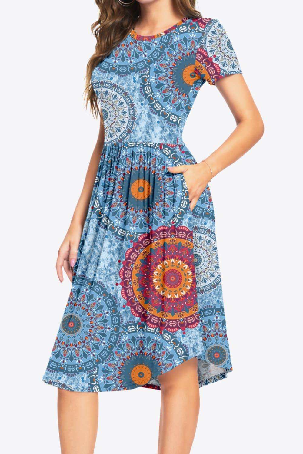 Printed Round Neck Short Sleeve Dress with Pockets - Trendsi - Flyclothing LLC