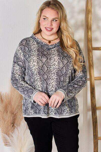 Hailey & Co Full Size Snakeskin V-Neck Long Sleeve Top - Trendsi - Flyclothing LLC