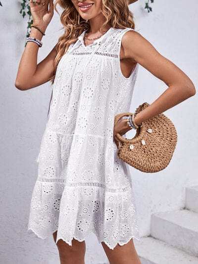 Eyelet Tie Neck Sleeveless Mini Dress - Trendsi - Flyclothing LLC