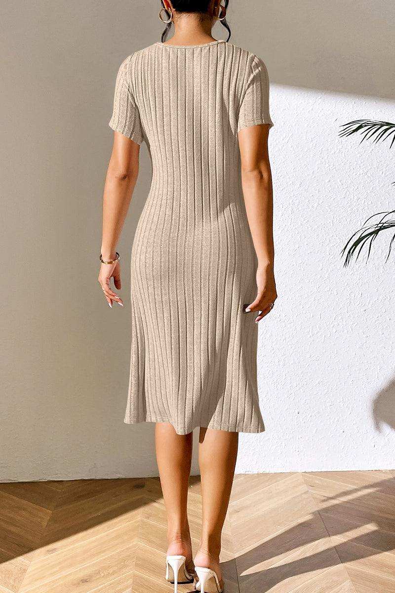 Ribbed Asymmetrical Neck Short Sleeve Dress - Trendsi - Flyclothing LLC