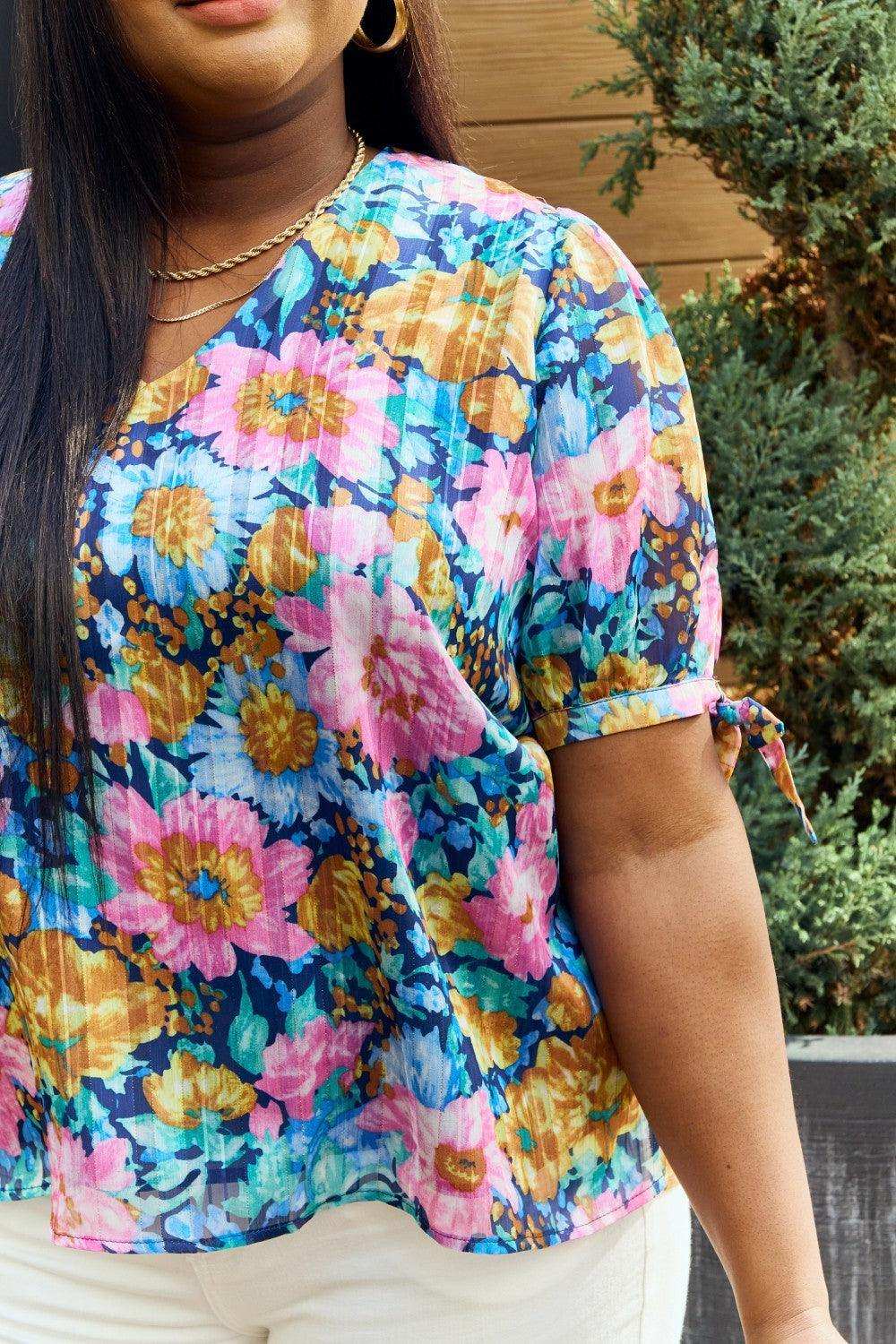 Petal Dew Full Size Floral V-Neck Tie Detail Blouse - Trendsi - Flyclothing LLC