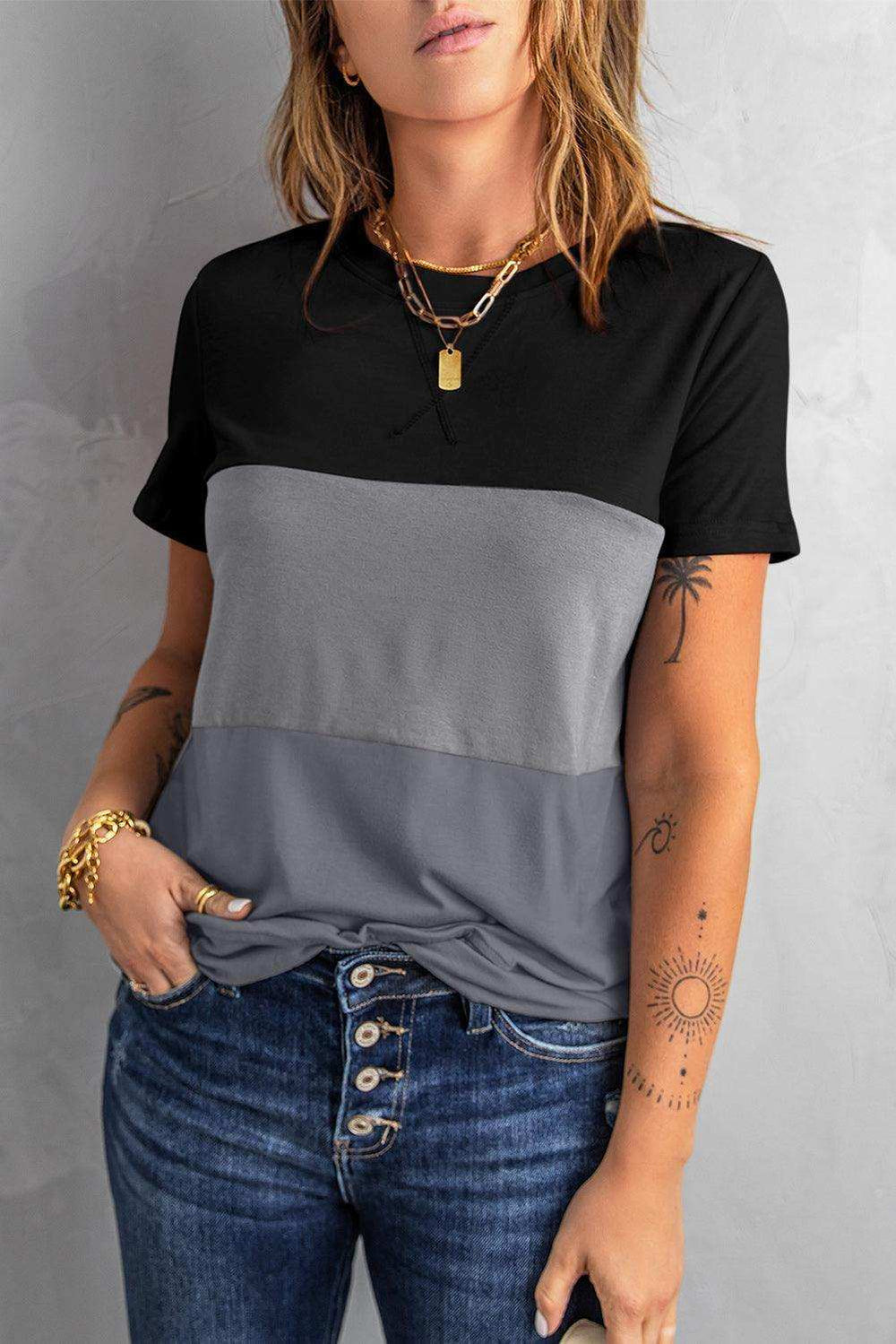 Color Block Side Slit Round Neck T-Shirt - Trendsi - Flyclothing LLC