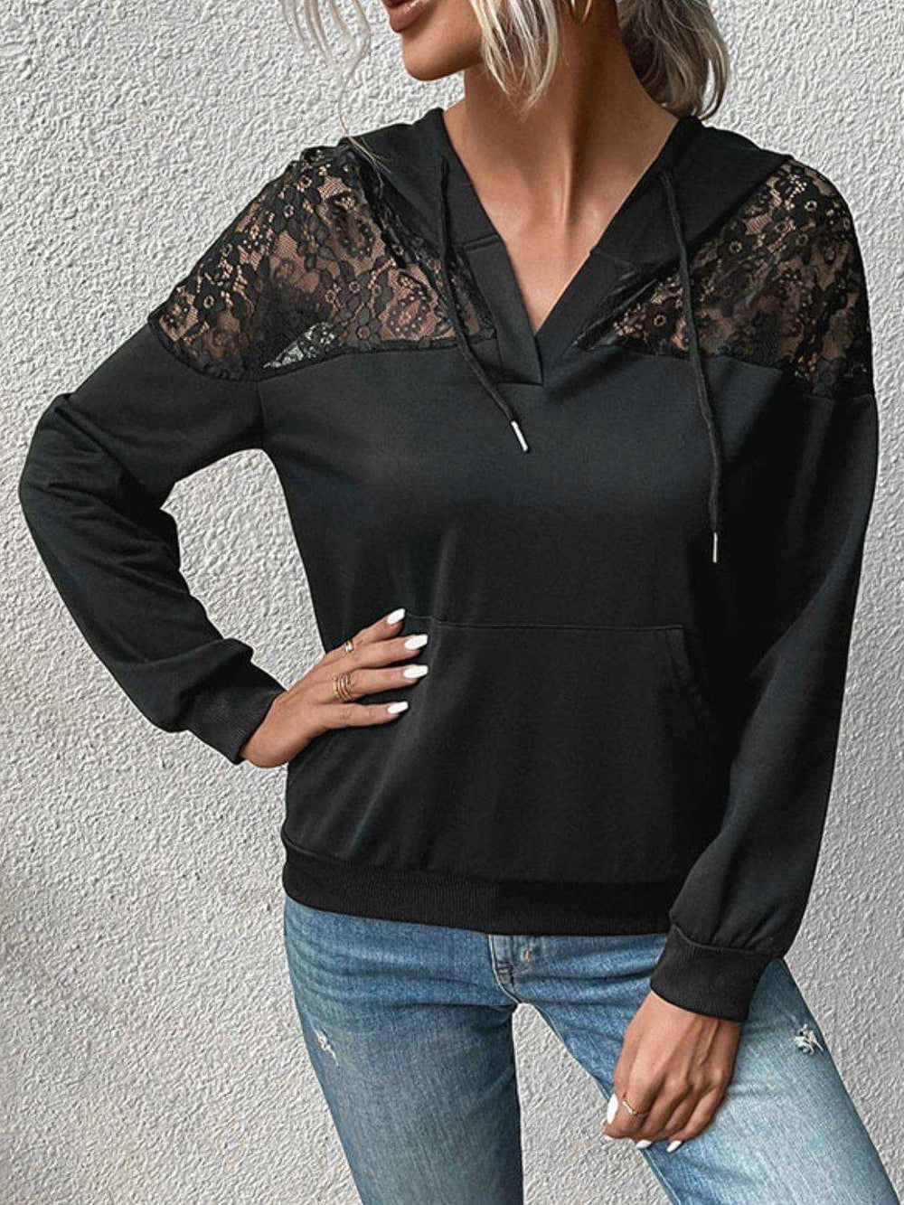Lace Trim Dropped Shoulder Hoodie - Trendsi - Flyclothing LLC