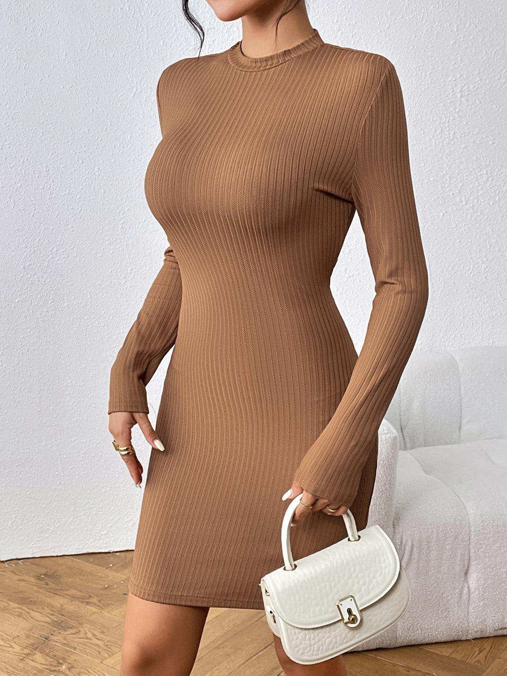 Long Sleeve Ribbed Mini Dress - Trendsi - Flyclothing LLC