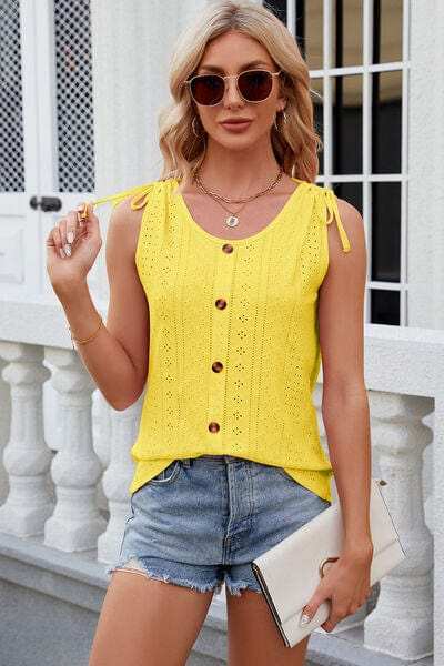 Eyelet Round Neck Wide Strap Tank - Trendsi - Flyclothing LLC