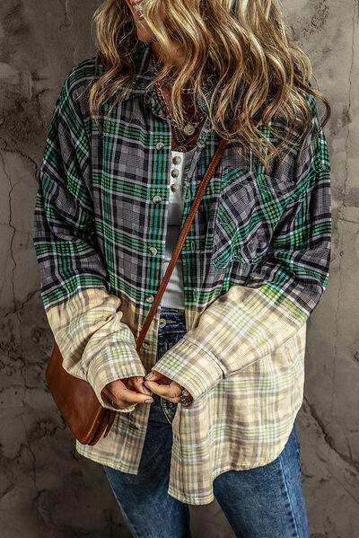 Contrast Plaid Button Up Long Sleeve Shacket - Trendsi - Flyclothing LLC