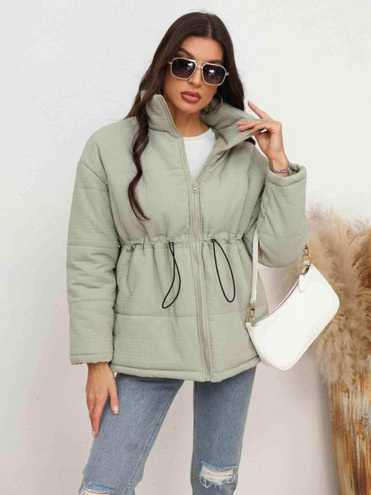 Drawstring Waist Zip-Up Puffer Jacket - Trendsi - Flyclothing LLC