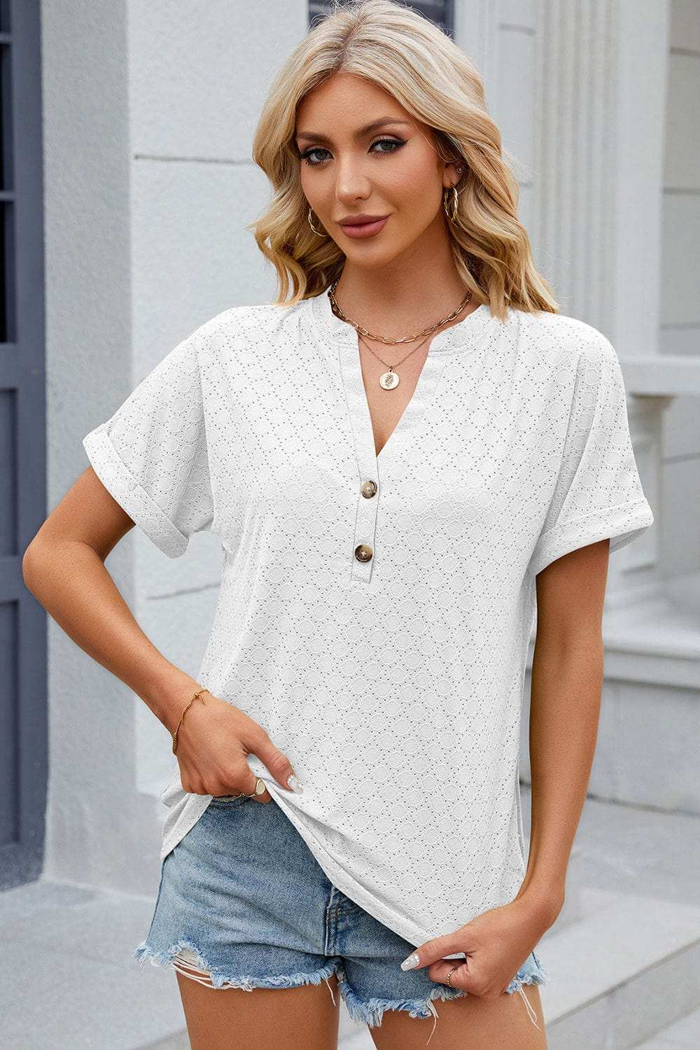Eyelet Notched Short Sleeve T-Shirt - Trendsi - Flyclothing LLC
