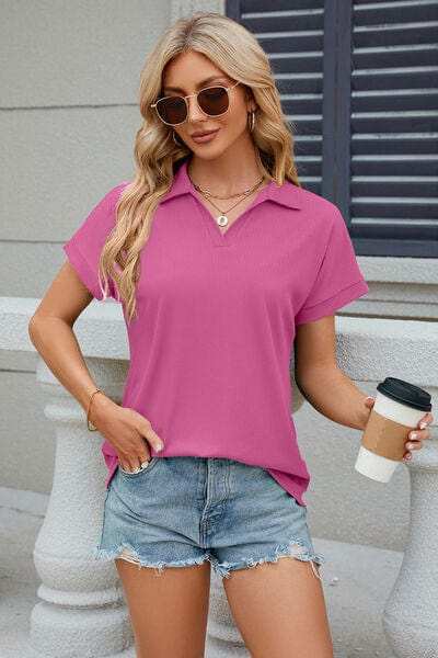 Johnny Collar Short Sleeve Blouse - Trendsi - Flyclothing LLC