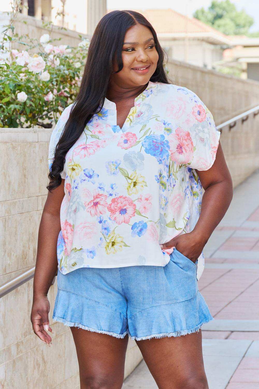 White Birch One And Only Full Size Short Sleve Floral Print Top - Trendsi - Flyclothing LLC