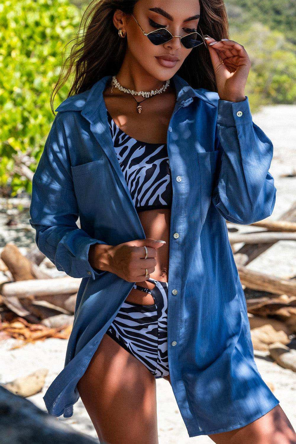 Button-Up Longline Shirt with Breast Pockets - Trendsi - Flyclothing LLC