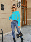 Round Neck Striped Lantern Sleeve Sweater - Trendsi - Flyclothing LLC