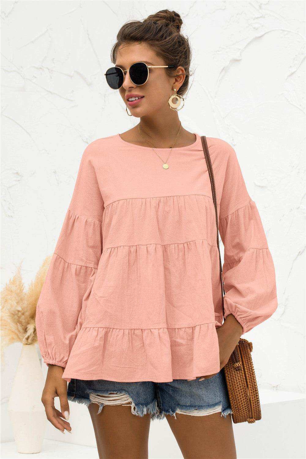 Round Neck Bubble Sleeve Tiered Blouse - Trendsi - Flyclothing LLC