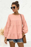 Round Neck Bubble Sleeve Tiered Blouse - Trendsi - Flyclothing LLC