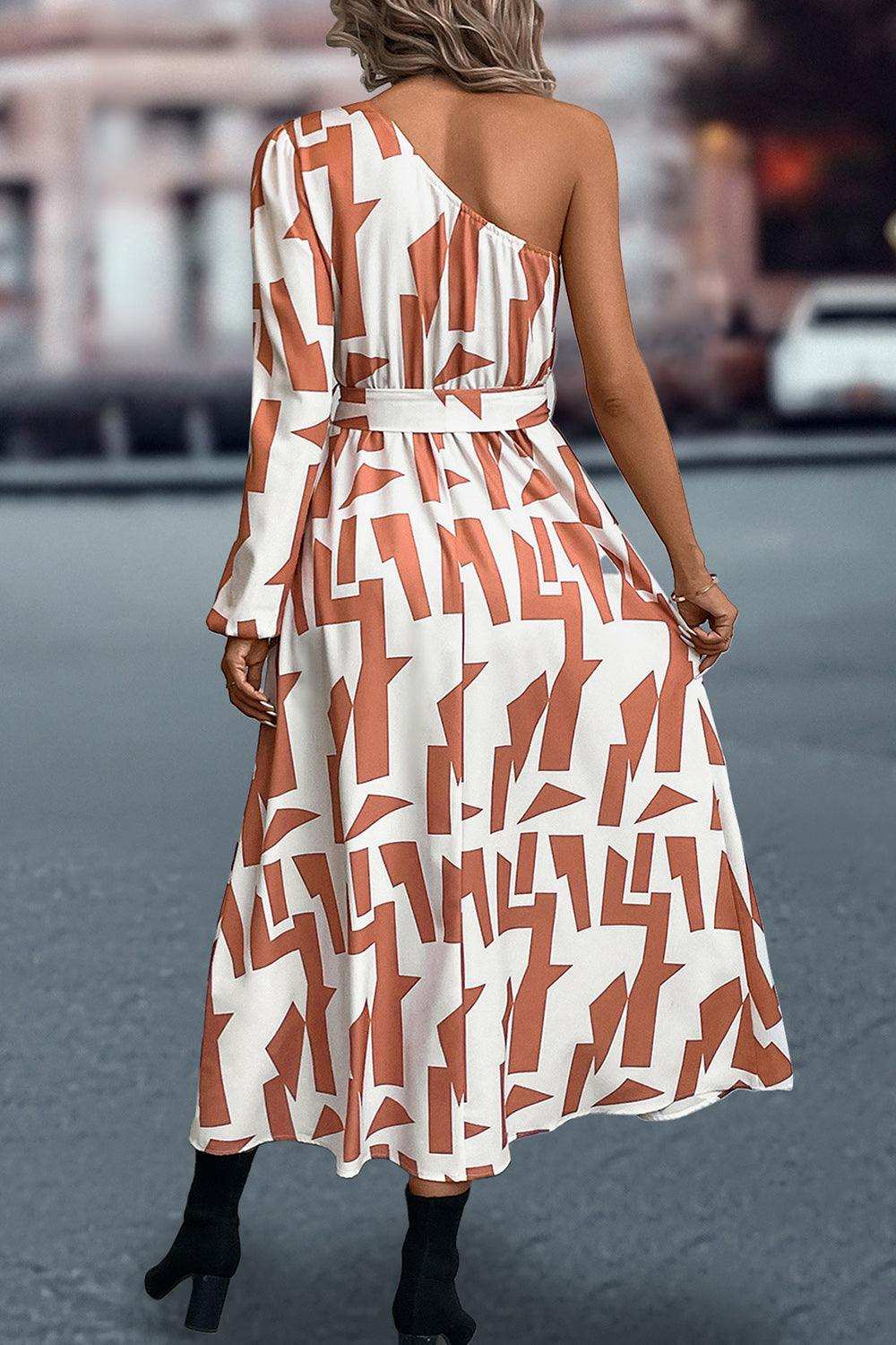 Printed One-Shoulder Tie Waist Dress - Trendsi - Flyclothing LLC