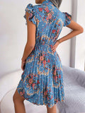 Pleated Floral Printed Tie Neck Knee Length Dress - Trendsi - Flyclothing LLC