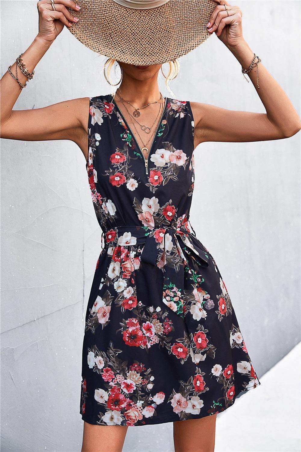 Printed Zip Detail Belted Sleeveless Dress - Trendsi - Flyclothing LLC