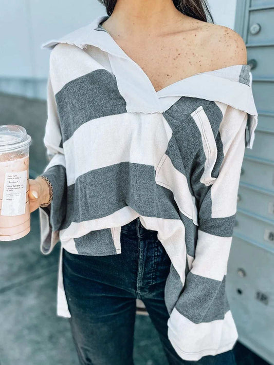 Striped Collared Neck Long Sleeve T-Shirt - Trendsi - Flyclothing LLC