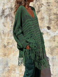 Fringe Detail Long Sleeve Sweater with Pockets - Trendsi - Flyclothing LLC