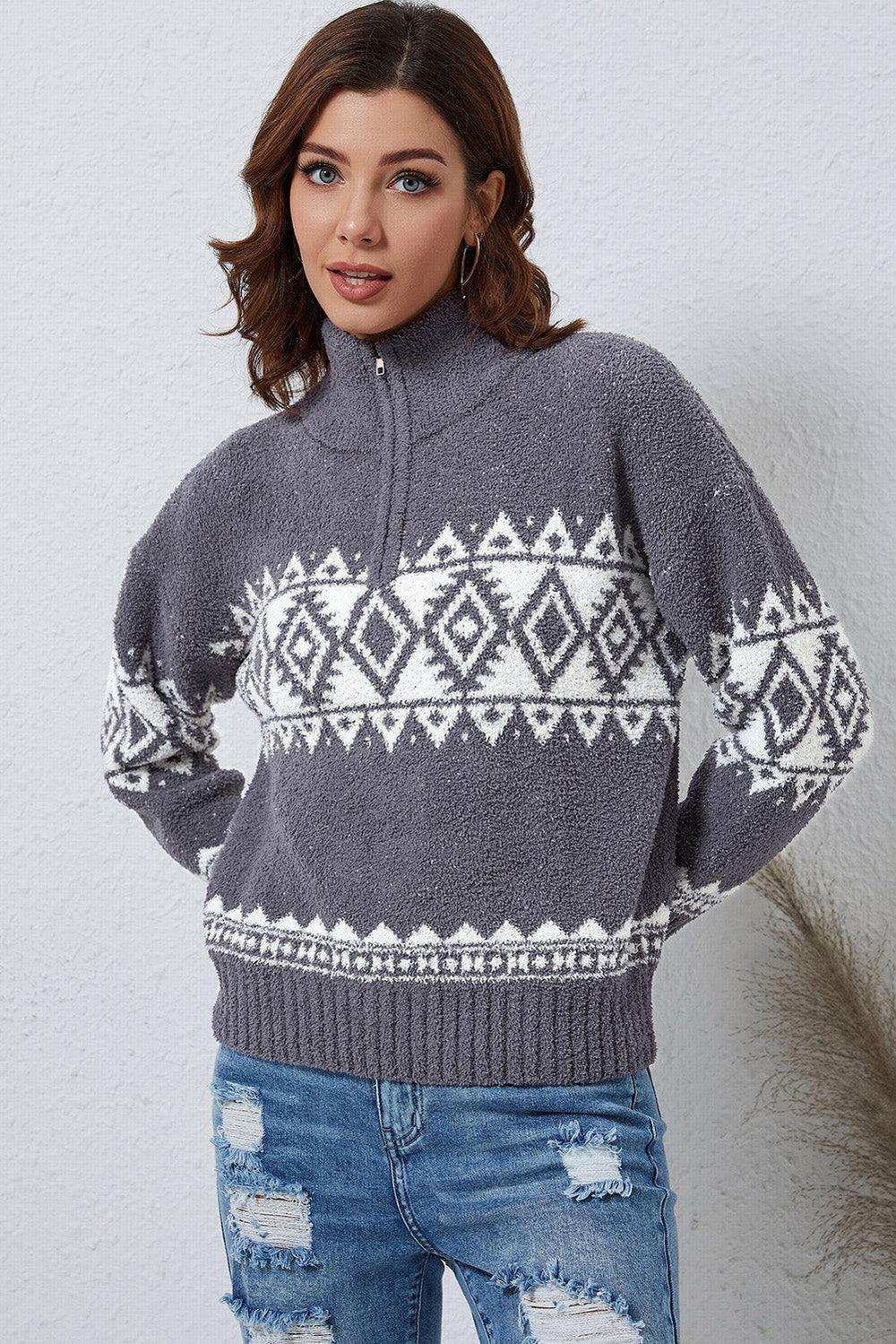 Zip-Up Geometrical Pattern Pullover Sweater - Trendsi - Flyclothing LLC