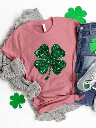 Lucky Clover Sequin Round Neck T-Shirt - Trendsi - Flyclothing LLC