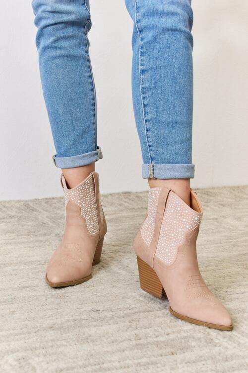 East Lion Corp Rhinestone Ankle Cowgirl Booties - Trendsi - Flyclothing LLC