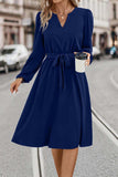 Tie Waist Notched Neck Long Sleeve Dress - Trendsi - Flyclothing LLC