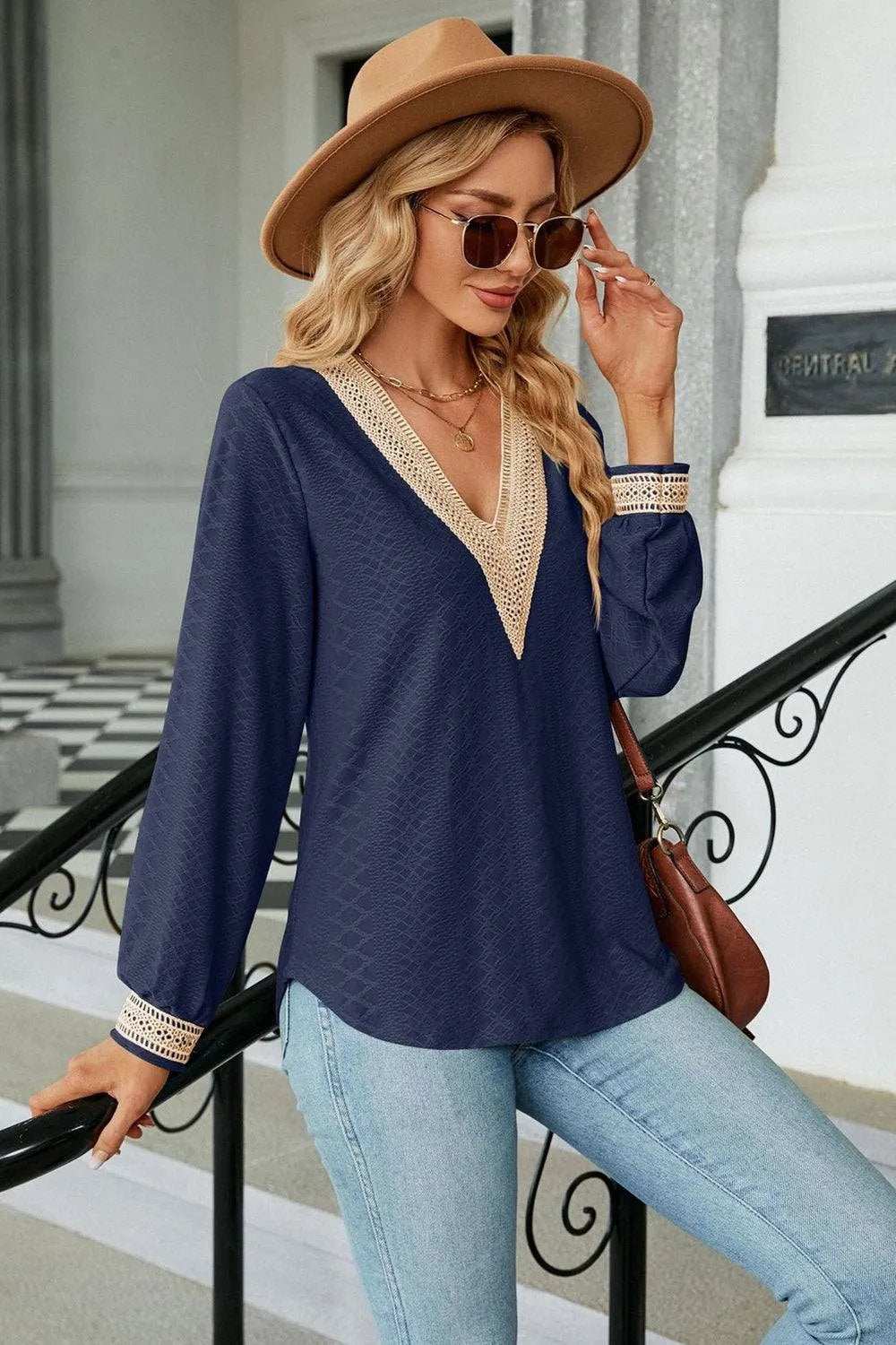 V-Neck Long Sleeve Blouse - Trendsi - Flyclothing LLC