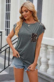 Leopard Round Neck Cap Sleeve T-Shirt - Trendsi - Flyclothing LLC
