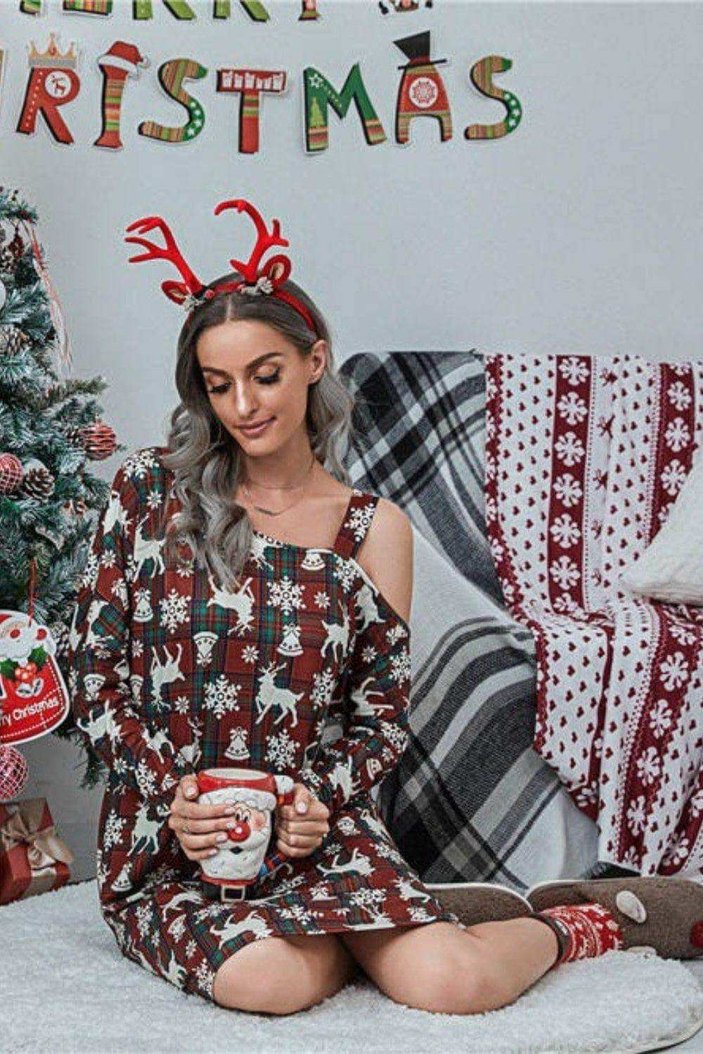 Christmas Asymmetrical Neck Long Sleeve Dress - Trendsi - Flyclothing LLC