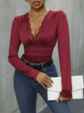Lace Detail Plunge Long Sleeve Bodysuit - Trendsi - Flyclothing LLC
