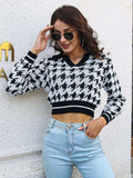Houndstooth Johnny Collar Cropped Sweater - Trendsi - Flyclothing LLC