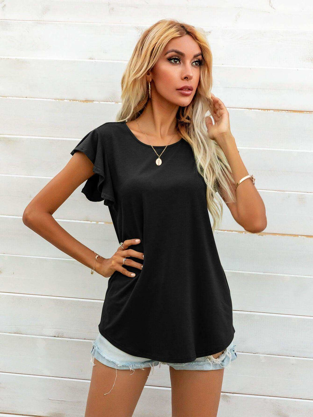 Round Neck Butterfly Sleeve Top - Trendsi - Flyclothing LLC