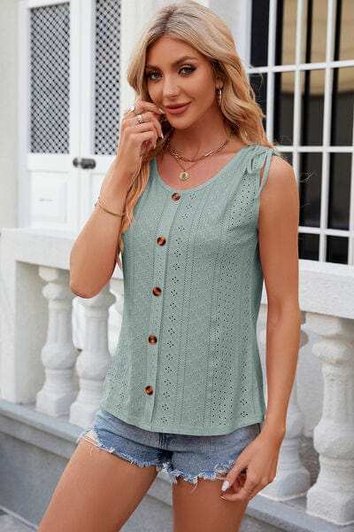 Eyelet Round Neck Wide Strap Tank - Trendsi - Flyclothing LLC
