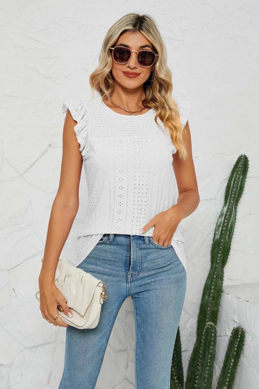 Smocked Round Neck Eyelet Top - Trendsi - Flyclothing LLC