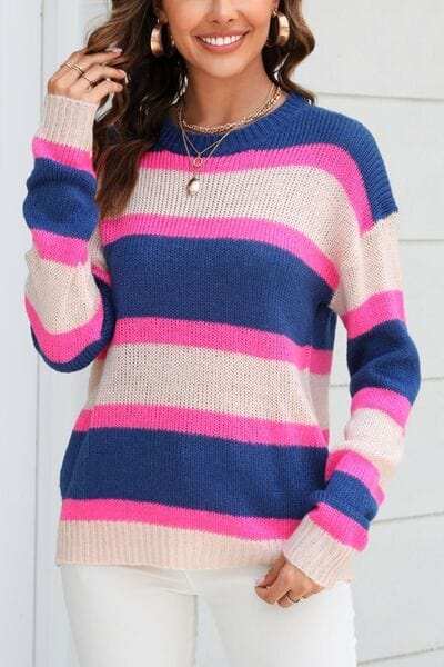 Color Block Round Neck Dropped Shoulder Sweater - Trendsi - Flyclothing LLC