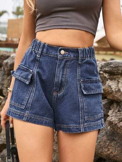 High Waist Denim Shorts with Pockets - Trendsi - Flyclothing LLC