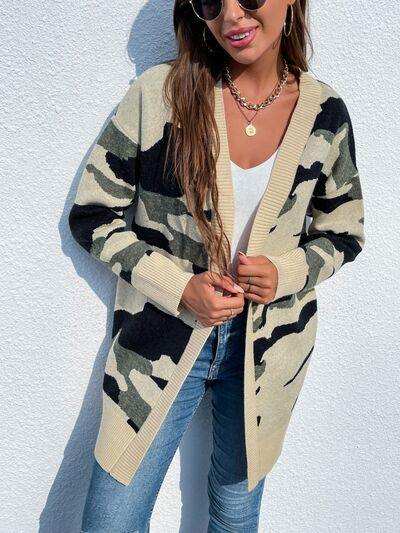 Camouflaged Dropped Shoulder Open Front Cardigan - Trendsi - Flyclothing LLC