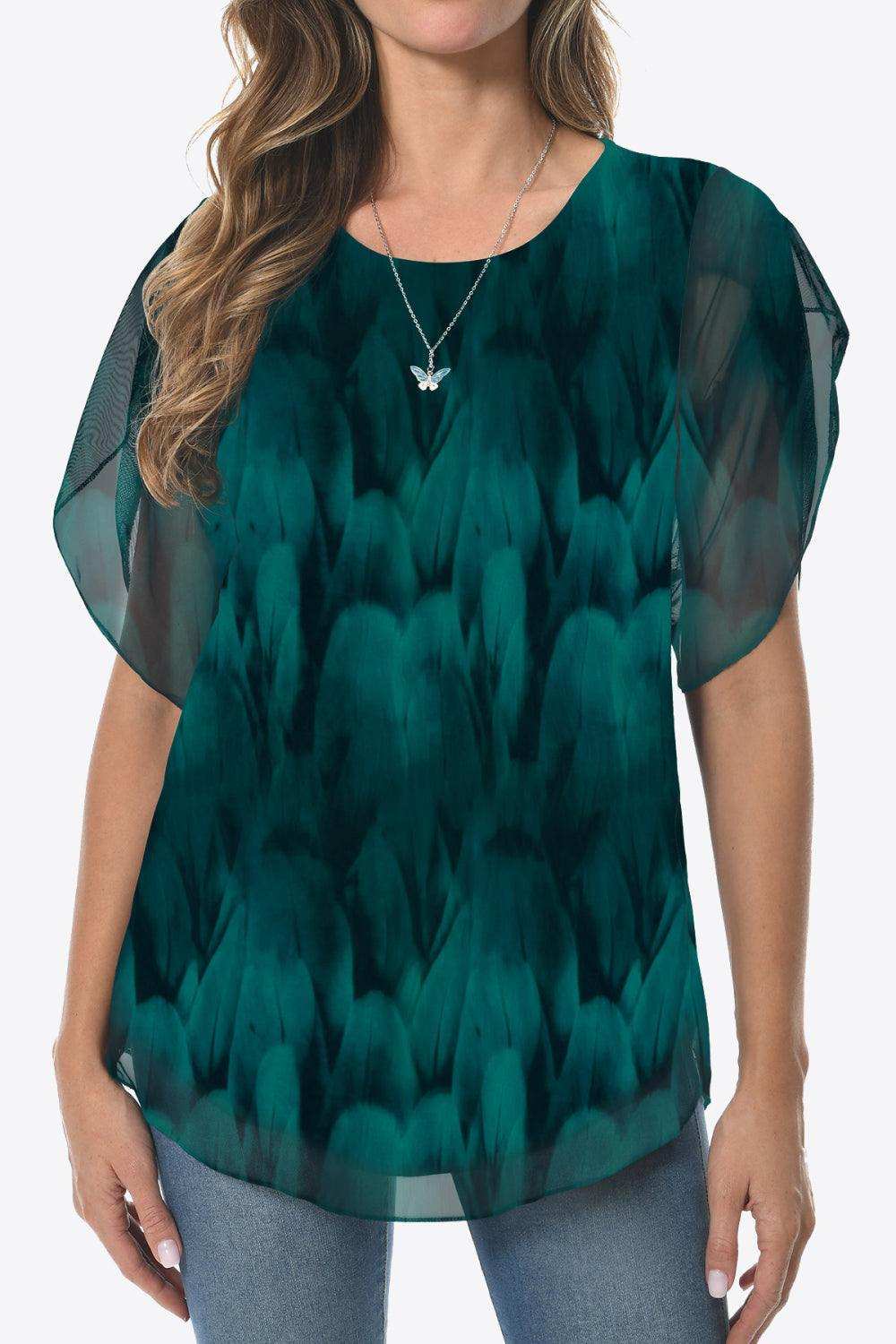 Printed Round Neck Curved Hem Blouse - Trendsi - Flyclothing LLC