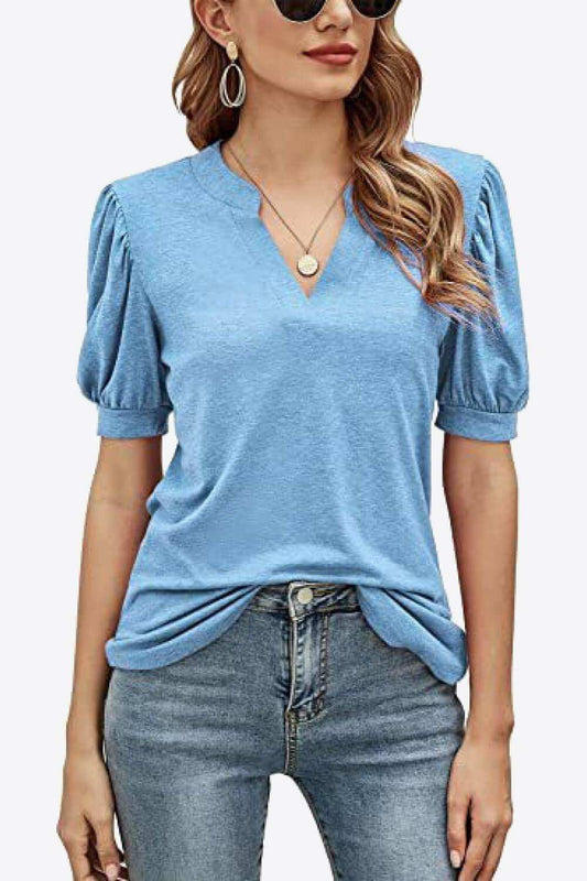 Notched Neck Puff Sleeve Tee - Trendsi - Flyclothing LLC