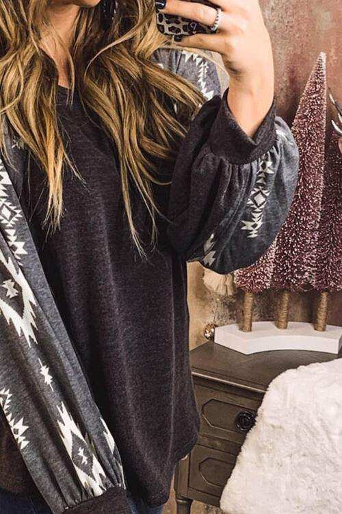 Geometric Round Neck Long Sleeve T-Shirt - Trendsi - Flyclothing LLC