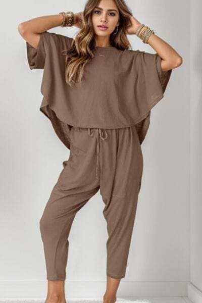 Round Neck Dropped Shoulder Top and Pants Set - Trendsi - Flyclothing LLC