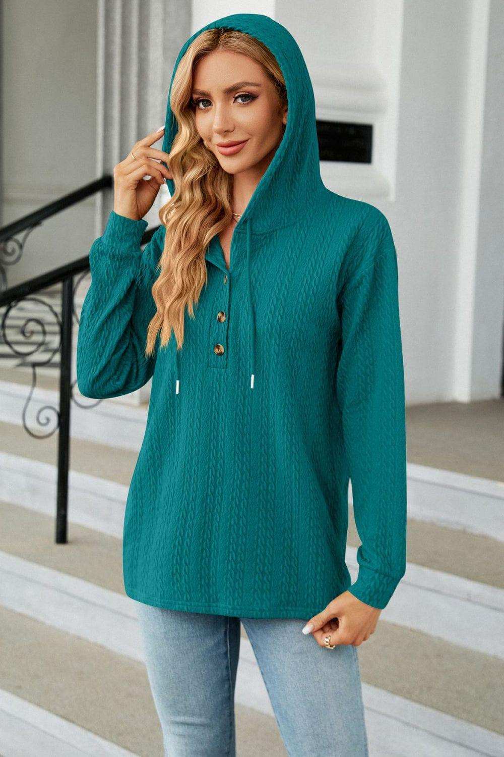 Cable-Knit Long Sleeve Hoodie - Trendsi - Flyclothing LLC