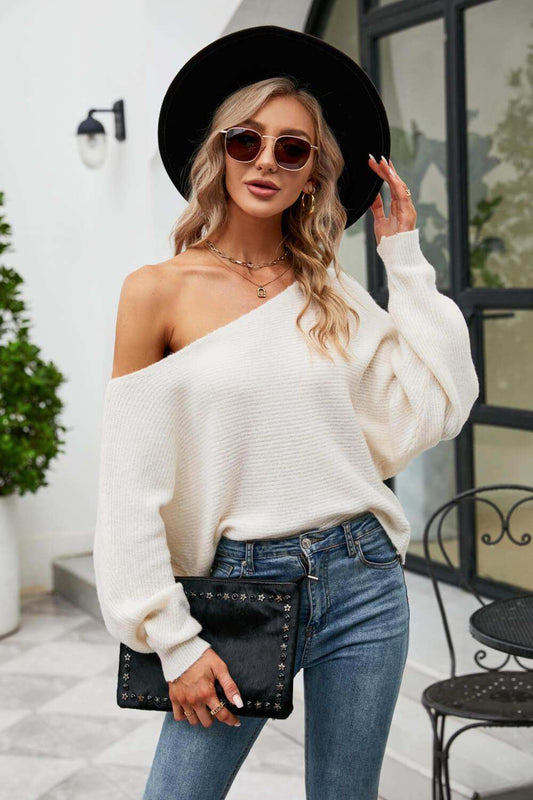 Boat Neck Horizontal Ribbing Dolman Sleeve Sweater - Trendsi - Flyclothing LLC