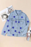Pocketed Geometric Collared Neck Denim Jacket - Trendsi - Flyclothing LLC