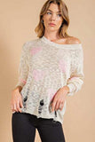 Kori America Heart Pattern Distressed Sweater - Trendsi - Flyclothing LLC