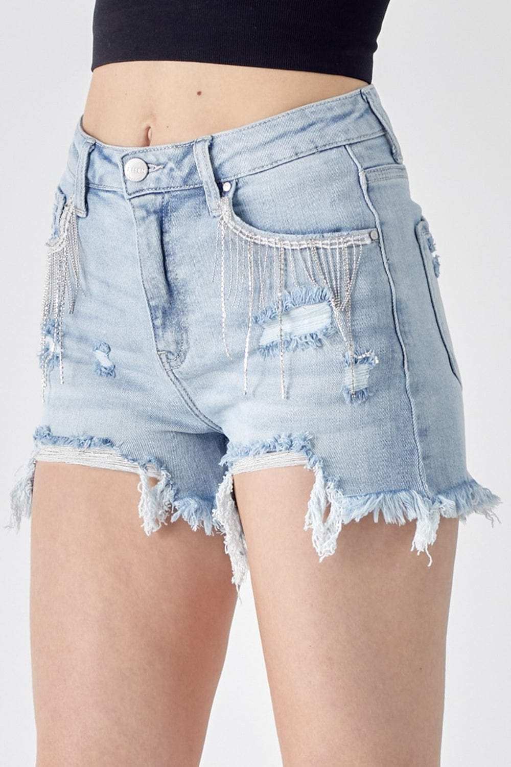 RISEN Frayed Hem Denim Shorts with Fringe Detail Pockets - Trendsi - Flyclothing LLC