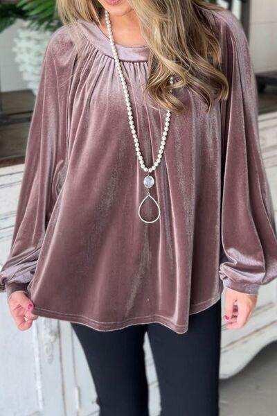 Ruched Round Neck Raglan Sleeve Blouse - Trendsi - Flyclothing LLC